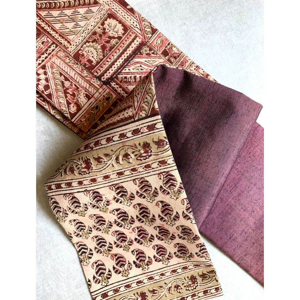 木版捺染木綿サリー半幅帯 花のタイル | 古布と帯 夫々 -sorezore-