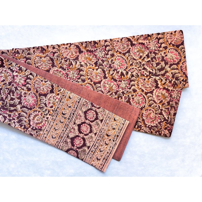 木版更紗木綿サリー半幅帯 雀茶色に花唐草 | 古布と帯 夫々 -sorezore-