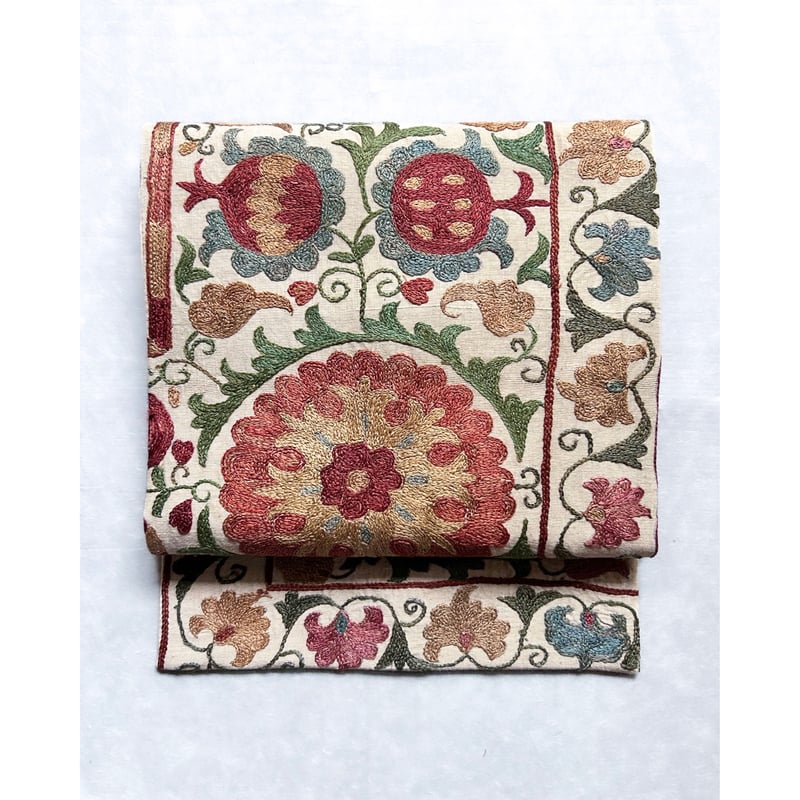 スザニ刺繍 九寸名古屋帯 花と柘榴 -関東巻き専用-（仕立て上り