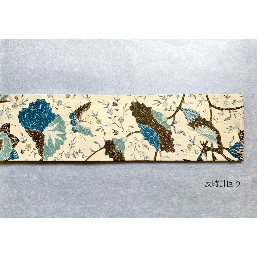 ジャワ更紗 九寸名古屋帯 生成色に青の花鳥文様（仕立て上り） | 古布