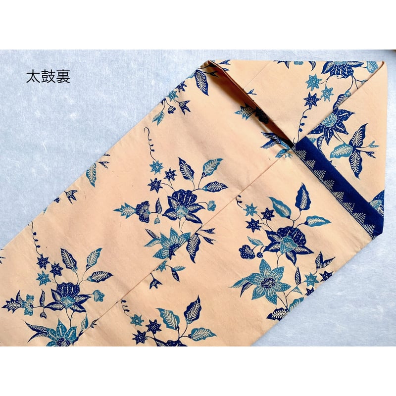 名古屋帯 藍地に朱花唐草文 上質綿麻地 手織風 SH-1099 名古屋帯 藍地に朱花唐草文 上質綿麻地 手織風 SH-1099