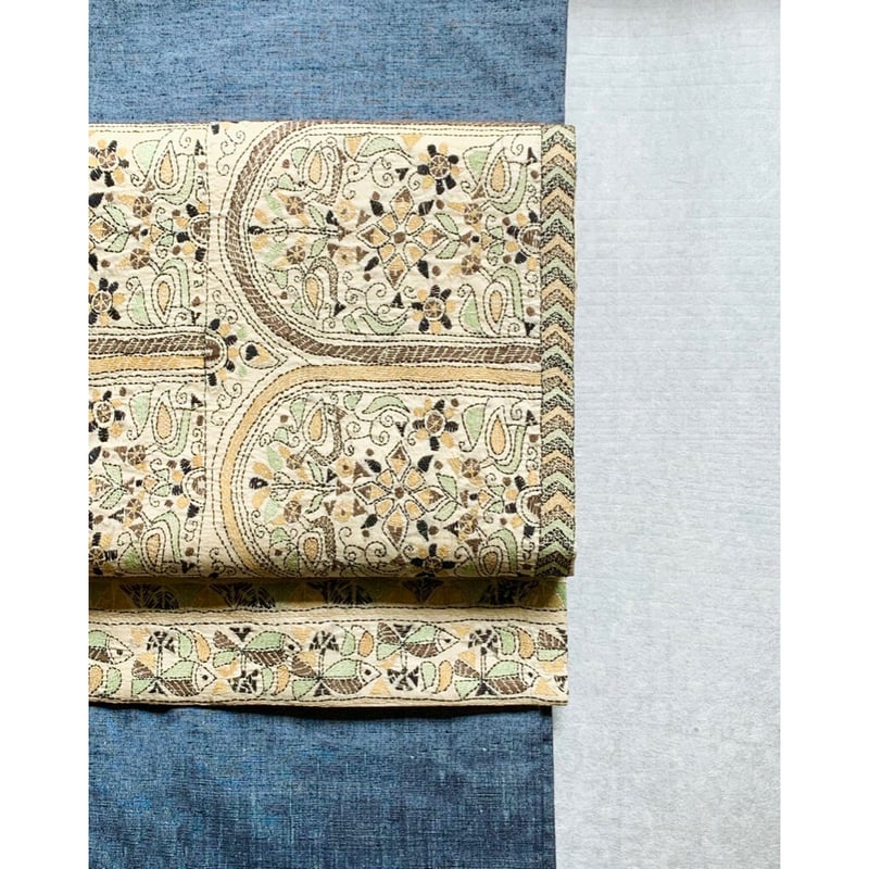 カンタ刺繍シルクサリー 九寸名古屋帯 魚 (仕立て上り） | 古布と帯