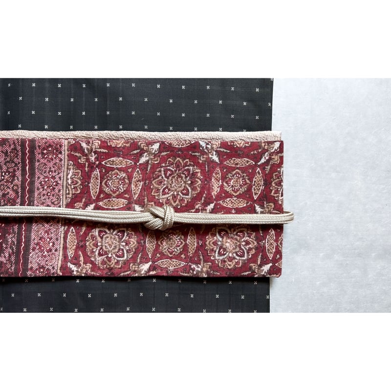 スマトラ島渡り印度更紗 花七宝 九寸名古屋帯 紅鳶色B （仕立て上り