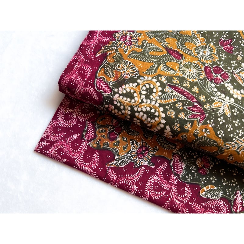 ジャワ更紗 九寸名古屋帯 苔色と真紅 草花文様（仕立て上り） | 古布と