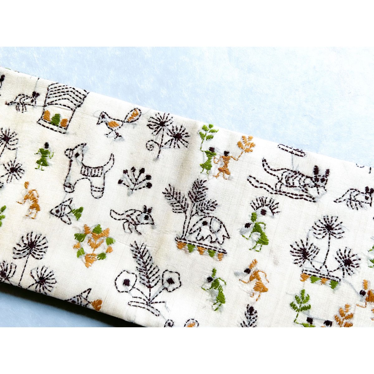 カンタ刺繍 九寸名古屋帯 動物人物文様（仕立て上り） | 古布と帯 夫々 