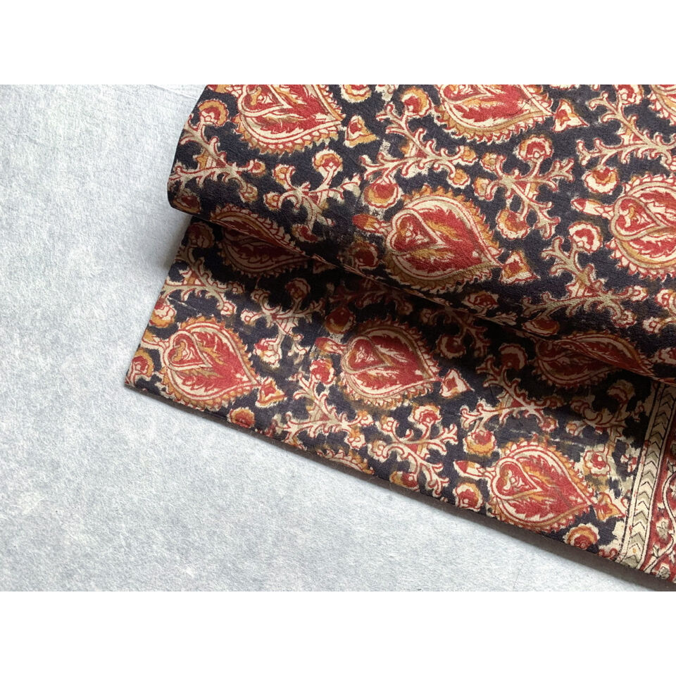 木版更紗木綿サリー九寸名古屋帯 黒×茜色×山吹色（仕立て上り） | 古布