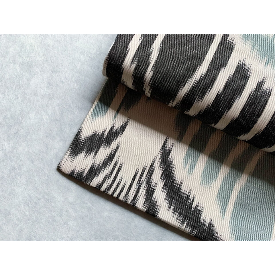 ウズベキスタン絣 九寸名古屋帯 シルクコットン 白×秘色×黒（仕立て