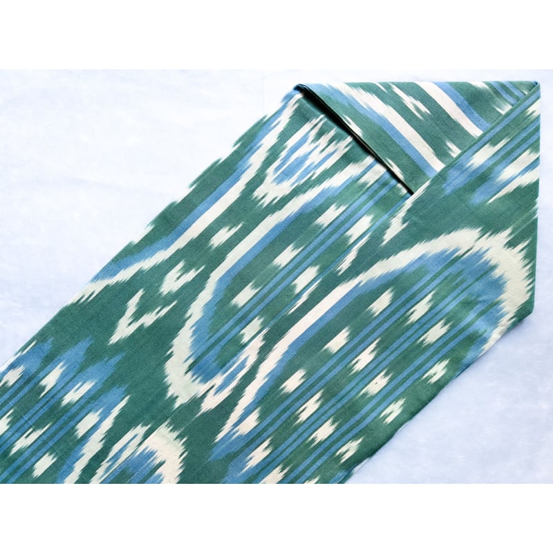 ウズベキスタン絣 木綿九寸名古屋帯 常盤色×青（仕立て上り