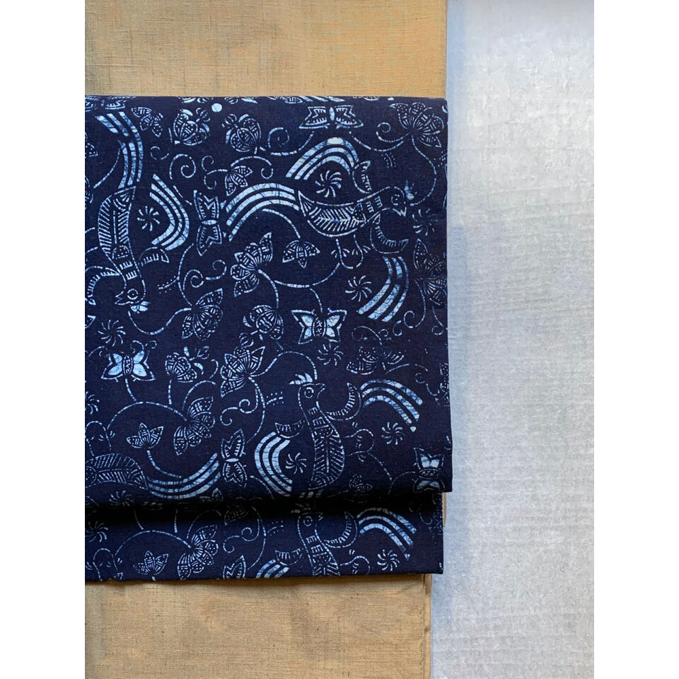 中国 藍印花布 木綿九寸名古屋帯 鳳凰と蓮（仕立て上り） | 古布