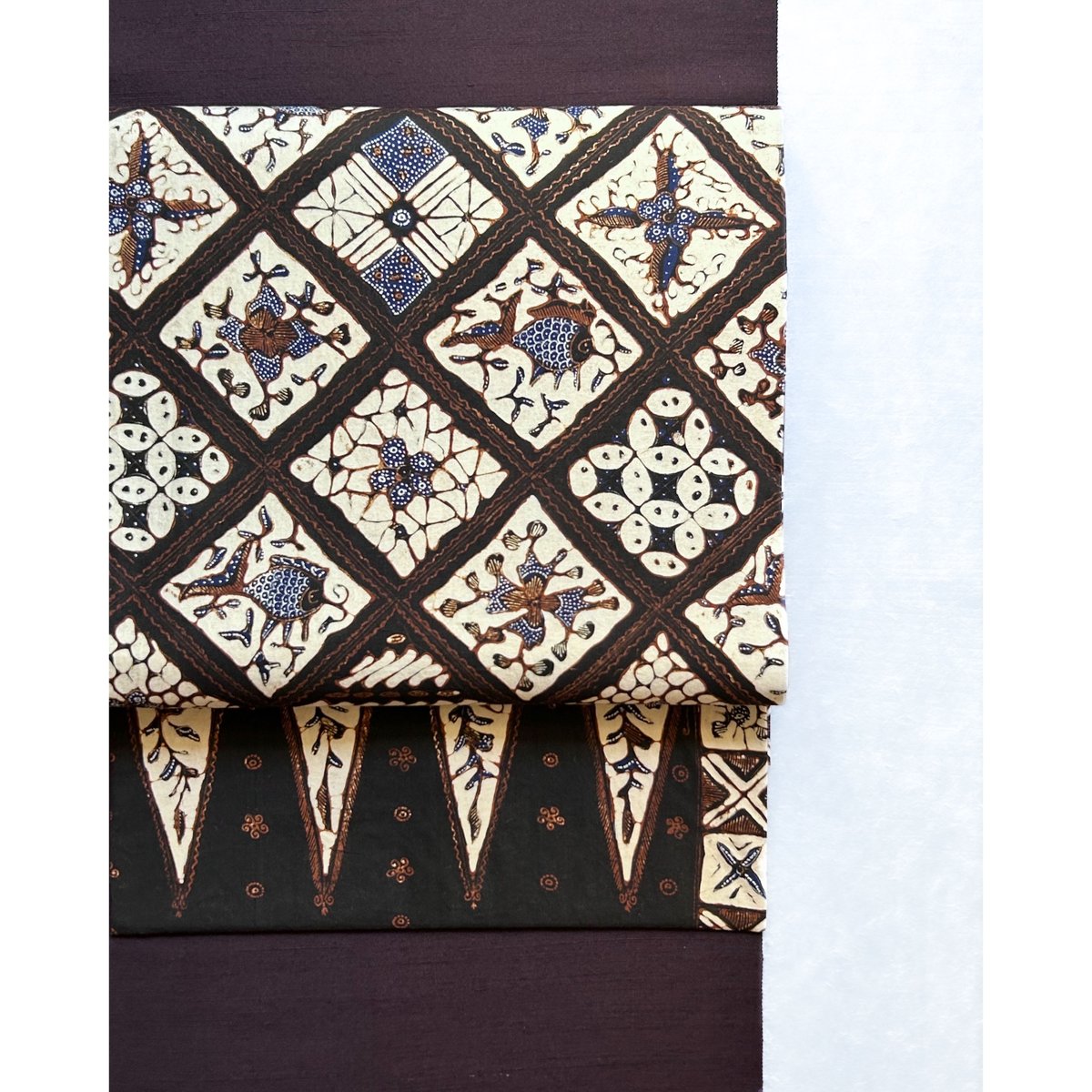 ジャワ更紗 九寸名古屋帯 斜め格子に魚文様（仕立て上り） | 古布と帯