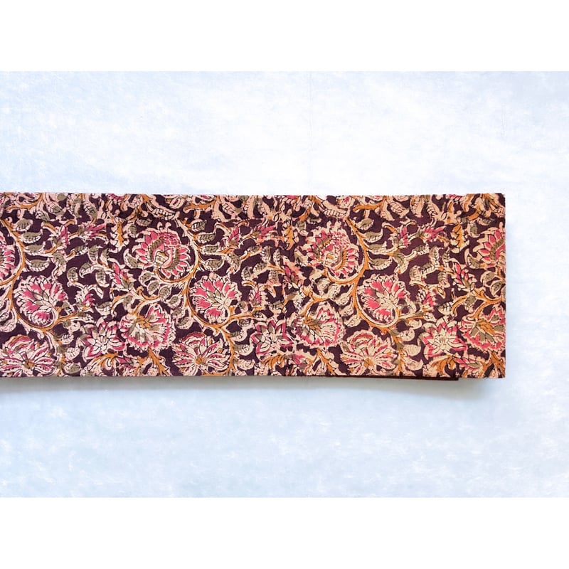 木版更紗木綿サリー半幅帯 雀茶色に花唐草 | 古布と帯 夫々 -sorezore-