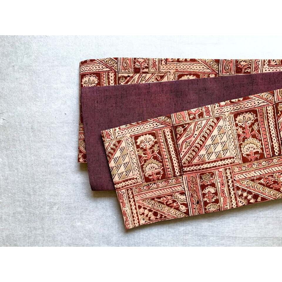 木版捺染木綿サリー半幅帯 花のタイル | 古布と帯 夫々 -sorezore-