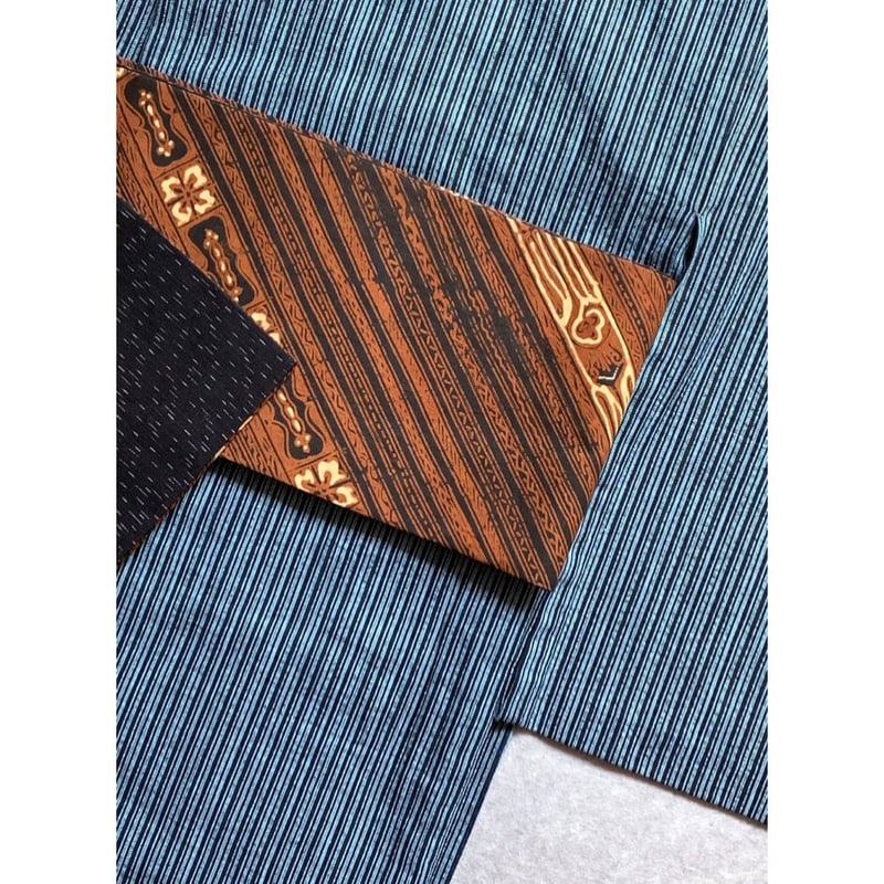 綿麻しじら織✖︎紗　モダン柄半幅帯　ブラウン ジャワ更紗 半幅帯 江戸茶色に斜め縞 | 古布と帯 夫々 -sorezore-