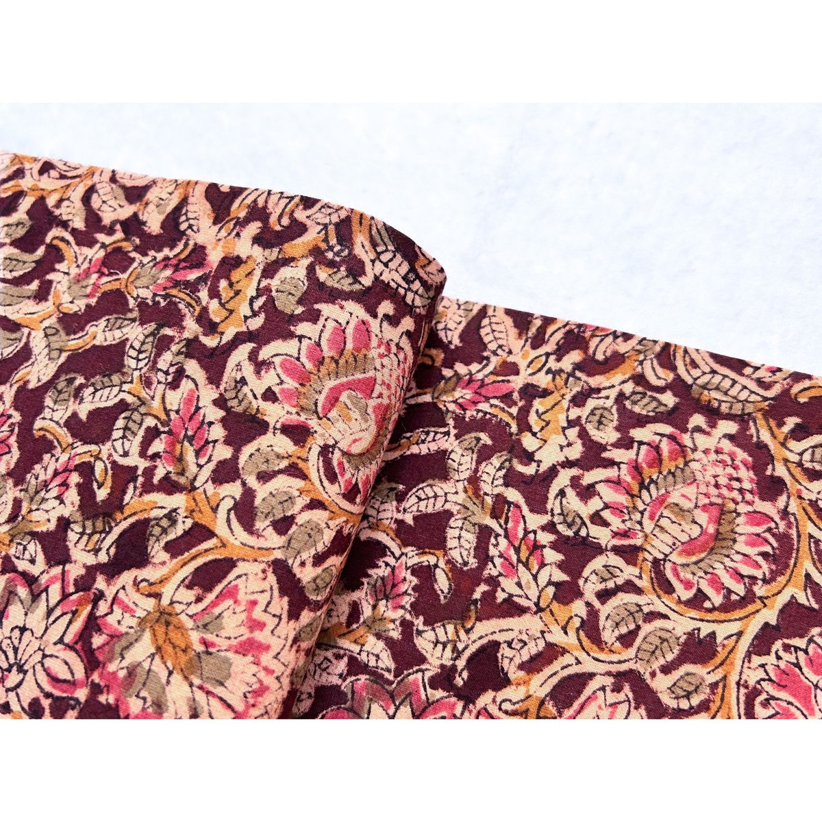 木版更紗木綿サリー半幅帯 雀茶色に花唐草 | 古布と帯 夫々 -sorezore-