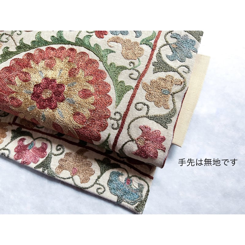 スザニ刺繍 九寸名古屋帯 花と柘榴 -関東巻き専用-（仕立て上り