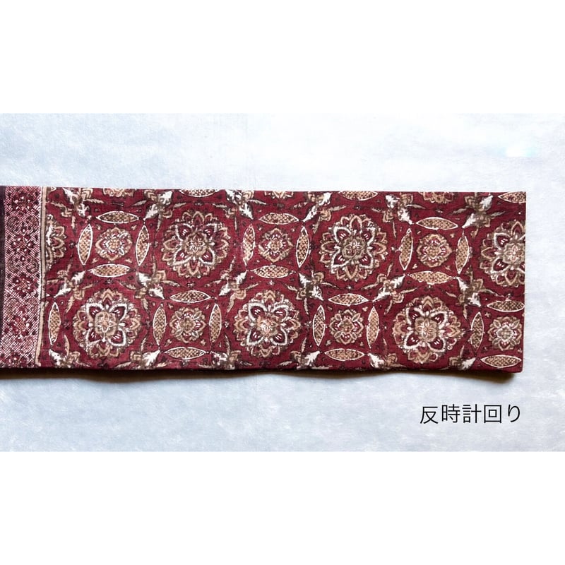 スマトラ島渡り印度更紗 花七宝 九寸名古屋帯 紅鳶色B （仕立て上り