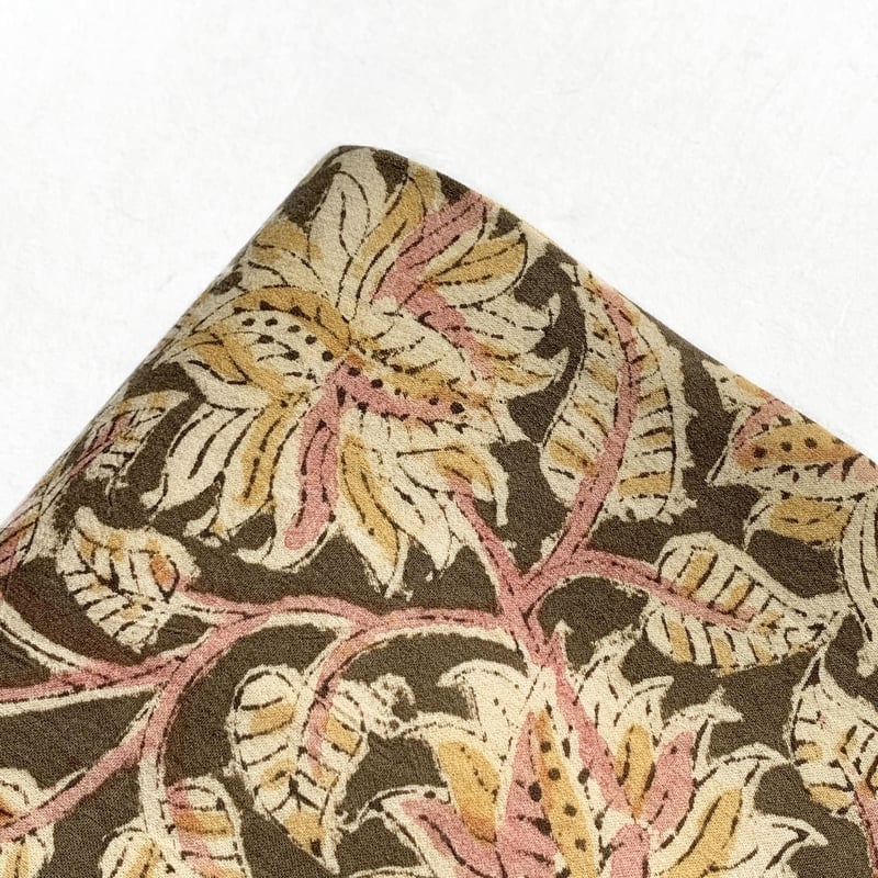 木版更紗木綿サリー半幅帯 岩井茶色に花唐草 | 古布と帯 夫々 -sorezore-