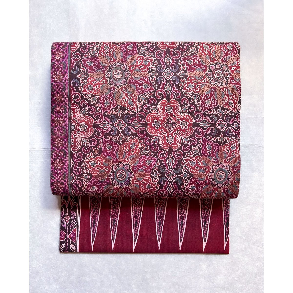 スマトラ島渡り印度更紗 宝相華 九寸名古屋帯 紫鳶色B（仕立て上り