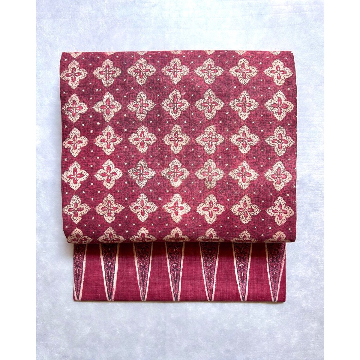 戦前 スマトラ島古布アップリケ使い 額装赤 スマトラ島渡り印度更紗 九寸名古屋帯 縹色B （仕立て上り） | 古布と