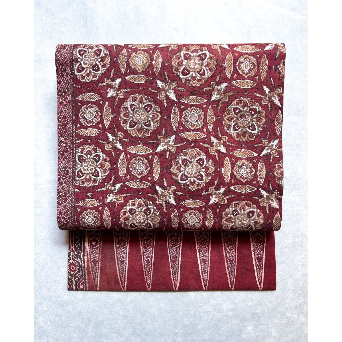 スマトラ島渡り印度更紗 花七宝 九寸名古屋帯 紅鳶色B （仕立て上り