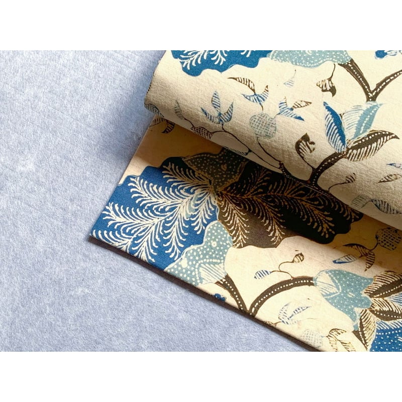 ジャワ更紗 九寸名古屋帯 生成色に青の花鳥文様（仕立て上り） | 古布