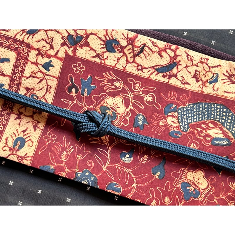 アンティークジャワ更紗 九寸名古屋帯 弁柄色花鳥柄（仕立て上り
