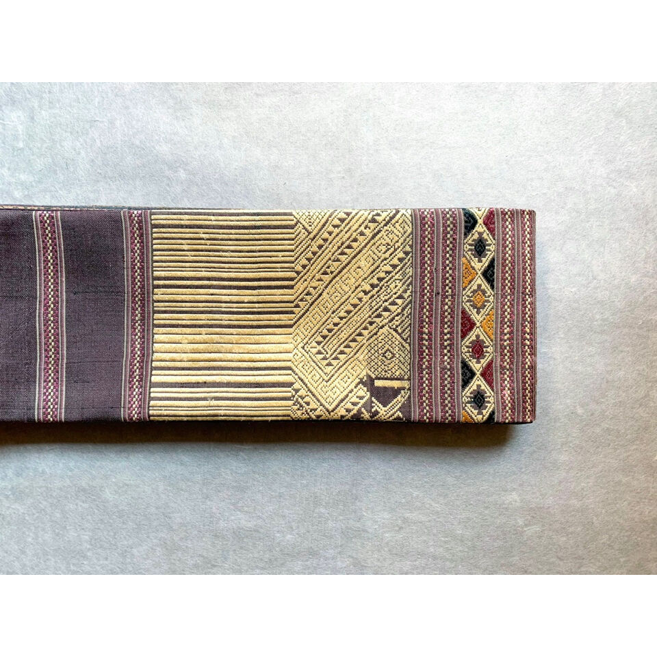 ラオス 浮き織りシルク 半幅帯 紫鼠×長春色×江戸茶 | 古布と帯 夫々