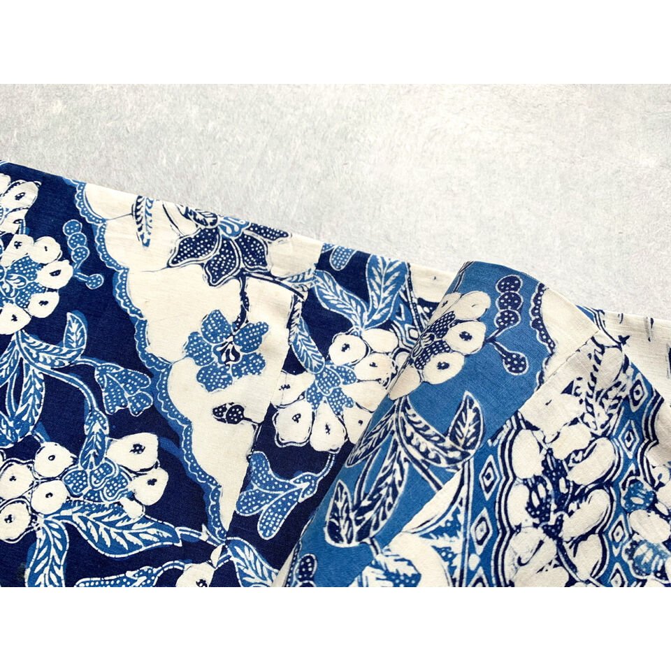 ジャワ更紗切嵌め半幅帯 藍染花蝶模様 | 古布と帯 夫々 -sorezore-