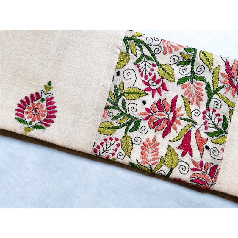 カンタ刺繍 九寸名古屋帯 花唐草と浮かぶ花（仕立て上り