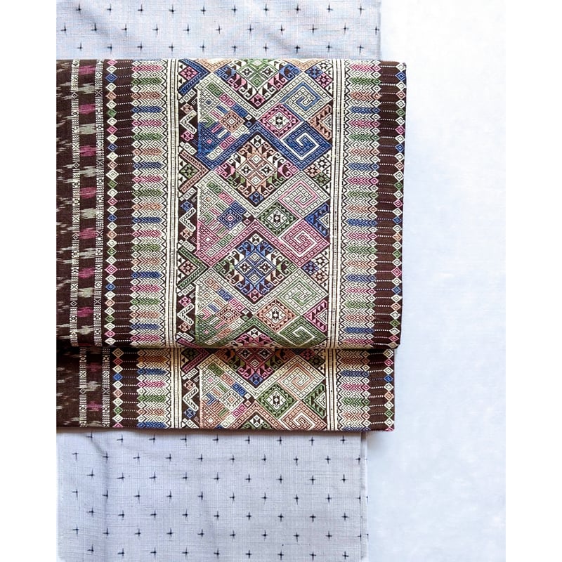 ラオスシルク 九寸名古屋帯 黄枯茶色に縫取り織り（仕立て上り