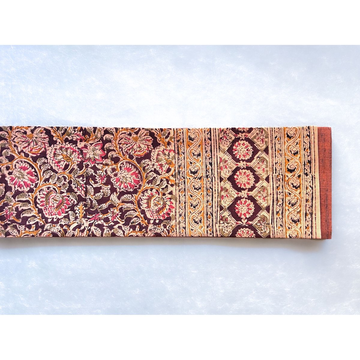 正絹　半幅帯　更紗　未使用品　茶系 木版更紗木綿サリー半幅帯 雀茶色に花唐草 | 古布と帯 夫々 -sorezore-