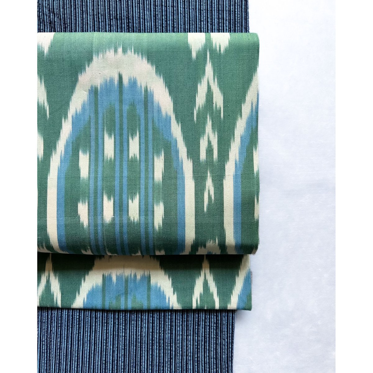 ウズベキスタン絣 木綿九寸名古屋帯 常盤色×青（仕立て上り） | 古布と