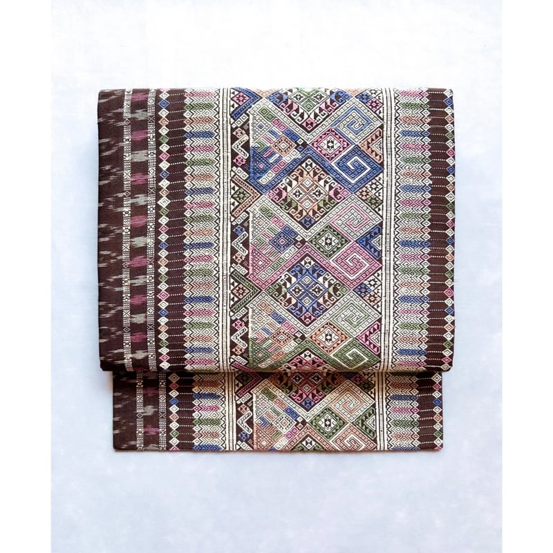 ラオスシルク 九寸名古屋帯 黄枯茶色に縫取り織り（仕立て上り