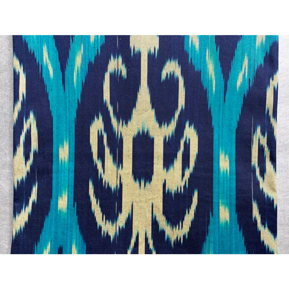 ウズベキスタン絣 木綿九寸名古屋帯　鉄紺色×ターコイズブルー（仕立て上り）