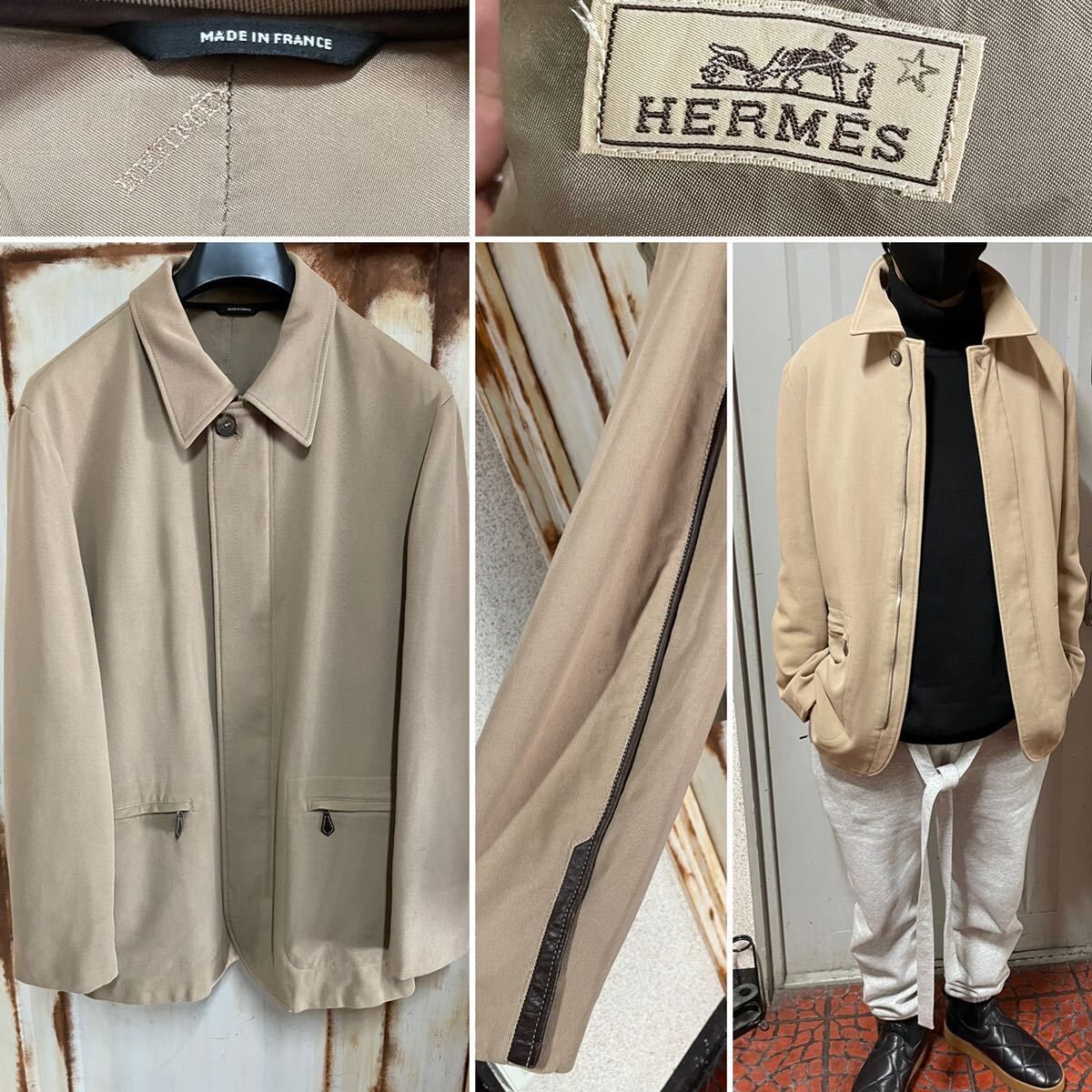 HERMES エルメス レザー パイピング カシミヤ ニット ジャケット