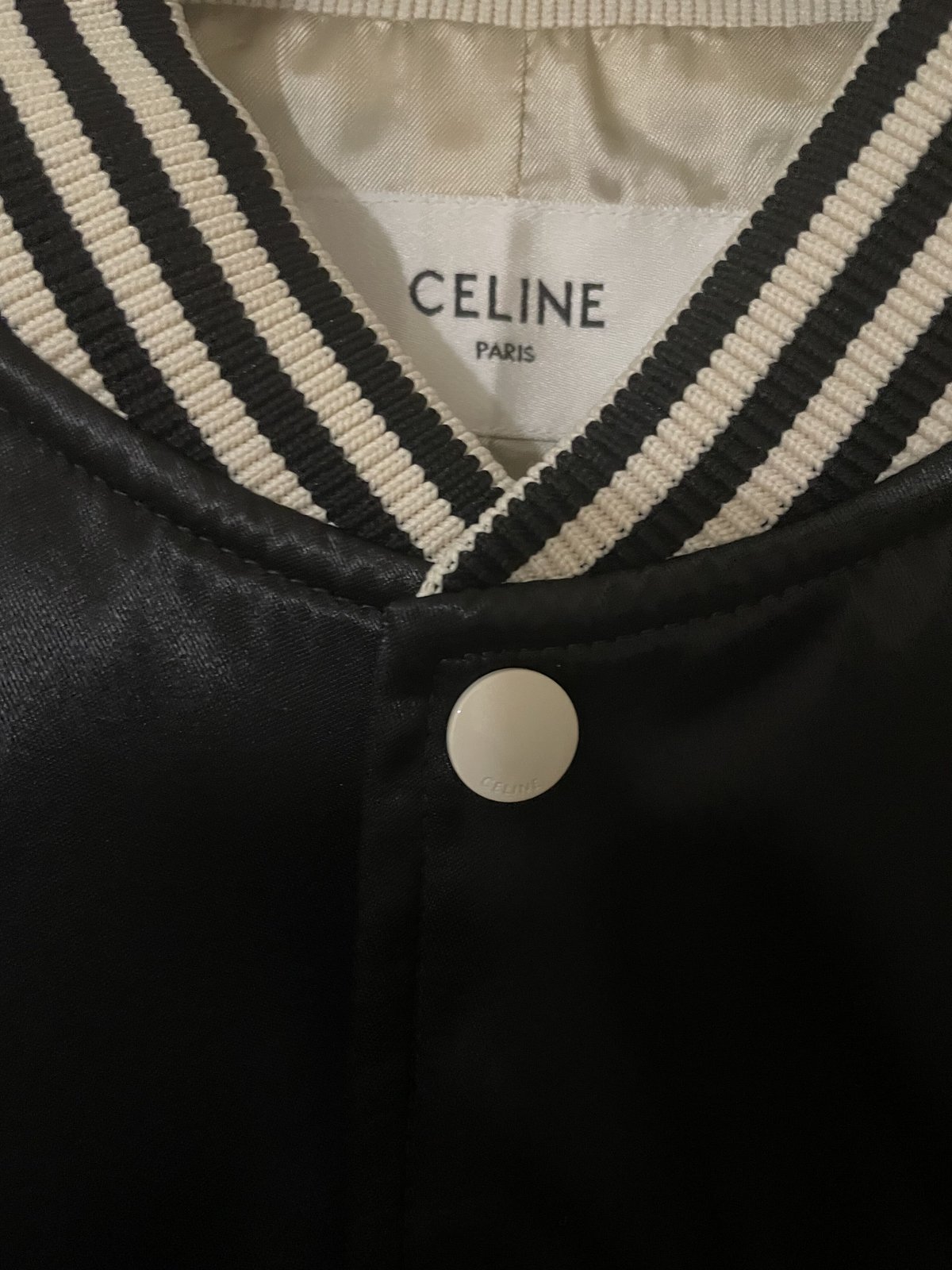 CELINE セリーヌ ブランドロゴ CELINE刺繍 テディジャケット / サテン仕上げナイロン ブラック