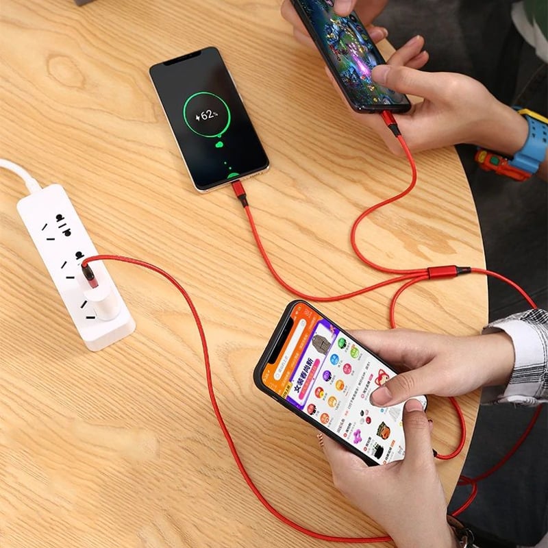 スマホ高速充電ケーブル【iphone / Android / Type-C】 3-1マルチ（赤