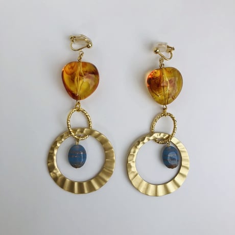 amber style & gold moon circle & blue gold イヤリング