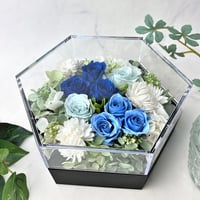 プリザーブドフラワー　クリアボックスblueℳ 記念日 お誕生日 開店祝い 開業祝い  就職祝い 昇進お祝い 送別 退職 定年 父の日 敬老の日 男性プレゼント インテリア 癒し花 幸運 六角形