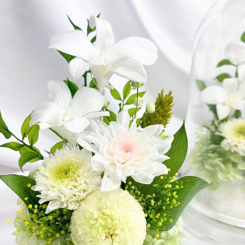 プリザーブドフラワーお供え花ドーム仏花 灯香とうか～白緑 新仏・初七