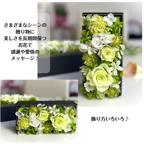プリザーブドフラワー　ボックスフラワーrect .green　 誕生日 記念日 結婚出産 新築 開店開業祝い 敬老の日 長寿お祝い