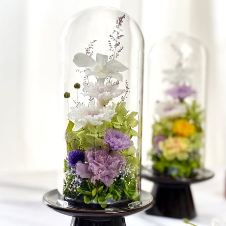 プリザーブドフラワーお供え花ガラスドーム　清蘭~想香そうか~ 御供 新仏 四十九日 命日 法事 法要 回忌 お彼岸 新盆 旧盆  初盆 和菊