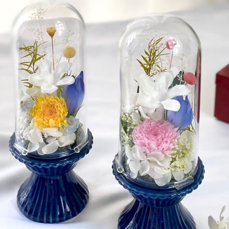 お供え花ガラスドーム~藍あい~訃報 お悔み 法要 新盆 法事 初盆 お彼岸 初彼岸 四十九日 法要 仏壇 コンパクト
