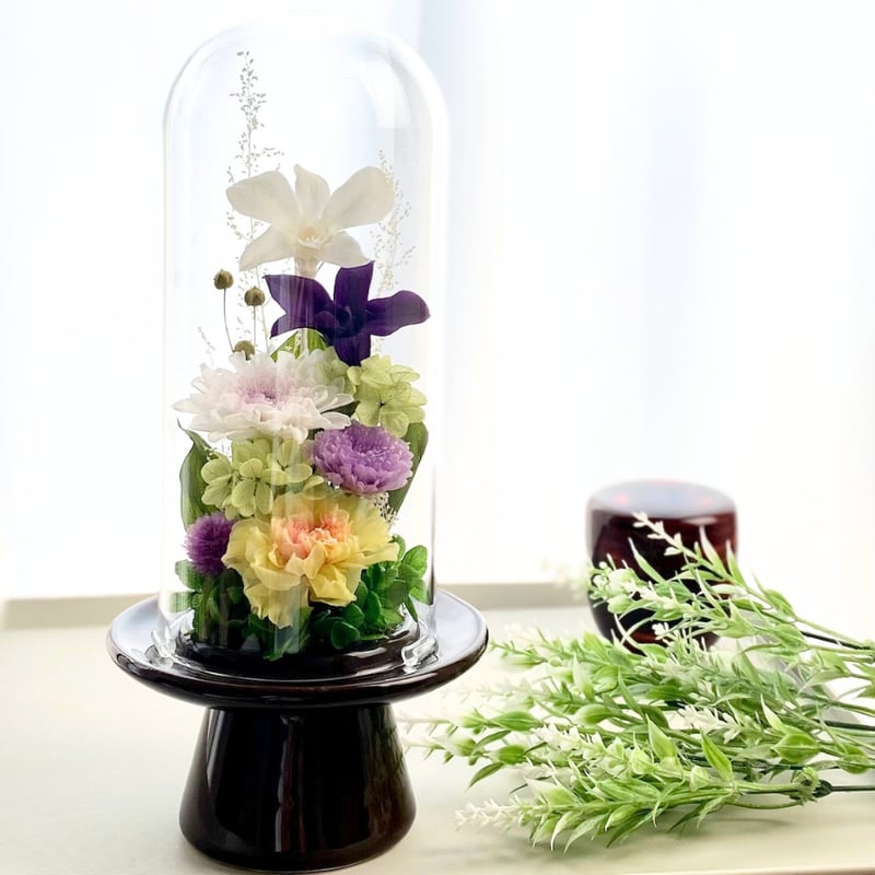 プリザーブドフラワーお供え花ガラスドーム 清蘭~菫すみれ~ 御供 新仏