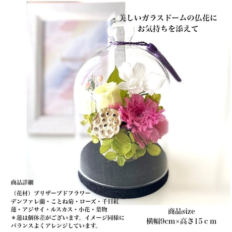 お供え花ガラスドーム  ～蘭蓮かれん～ お盆花 法要・新盆・旧盆・法事・初盆・お彼岸・初彼岸  コンパクト