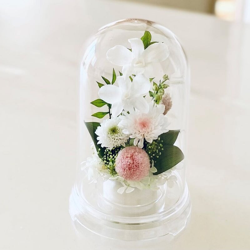プリザーブドフラワーお供え花ドーム 仏花 灯香とうか～白桃 新仏・初