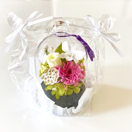 お供え花ガラスドーム  ～蘭蓮かれん～ お盆花 法要・新盆・旧盆・法事・初盆・お彼岸・初彼岸  コンパクト