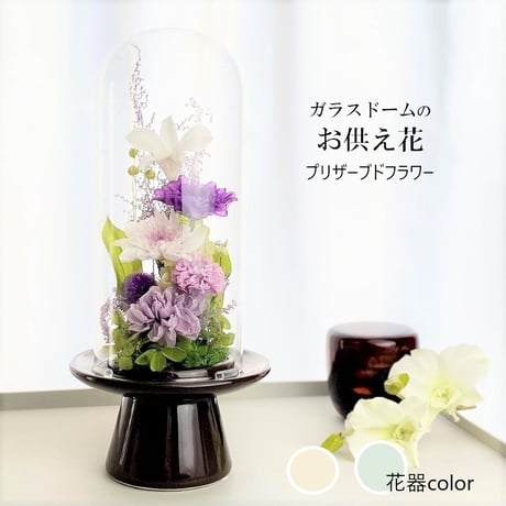 プリザーブドフラワーお供え花ガラスドーム　清蘭~菫すみれ~ 御供 新仏 四十九日 命日 法事 法要 回忌 お彼岸 新盆 旧盆  初盆 和菊