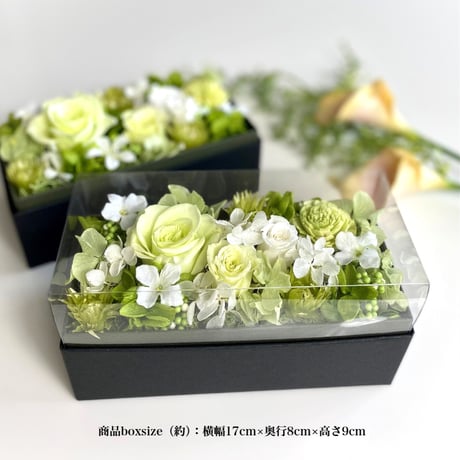 プリザーブドフラワー　ボックスフラワーrect .green　 誕生日 記念日 結婚出産 新築 開店開業祝い 敬老の日 長寿お祝い