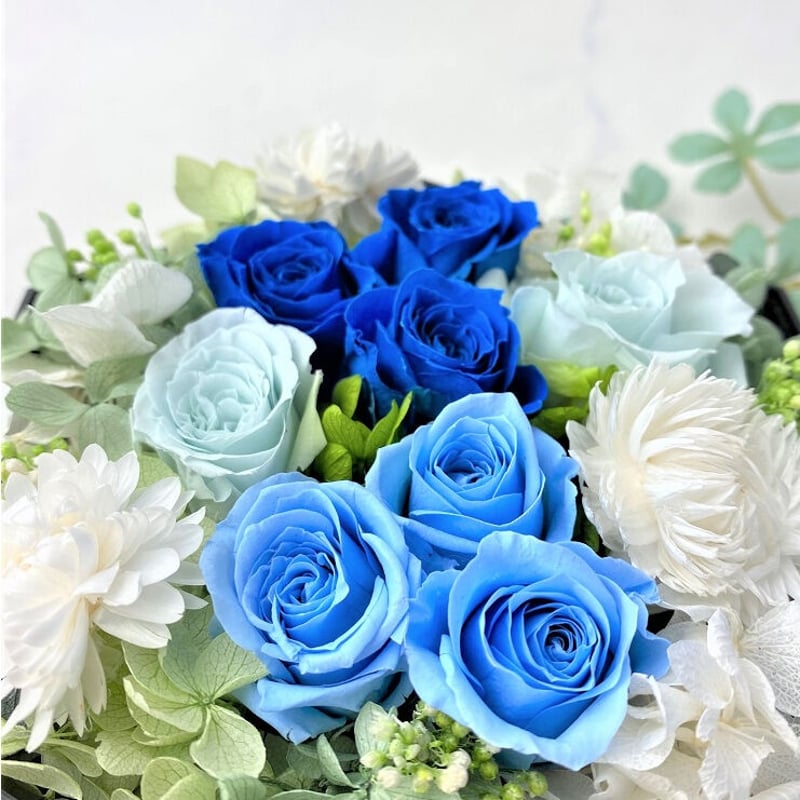 アクア薔薇カボション♡シャラシャラフラワー×ブルークリア大ぶりドロップピアス♡ プリザーブドフラワー／グランドピアノシリーズ黒薔薇の魔法発動中